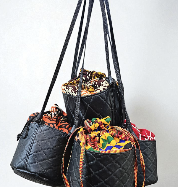 African Print & Leather Bucket Sling Bag