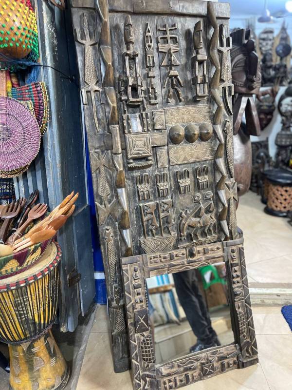 African Hand-Carved Wood Mirror